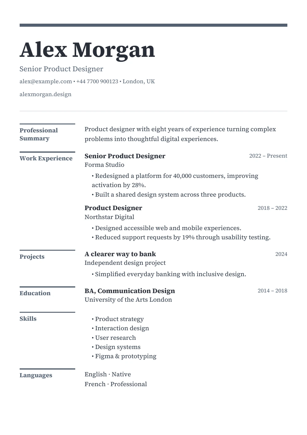 Editorial Graphite CV template in graphite, showing a fictional product designer’s experience.