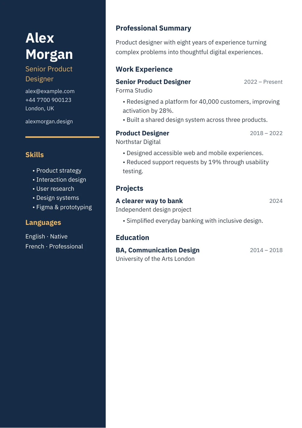 Horizon CV template in navy & gold, showing a fictional product designer’s experience.
