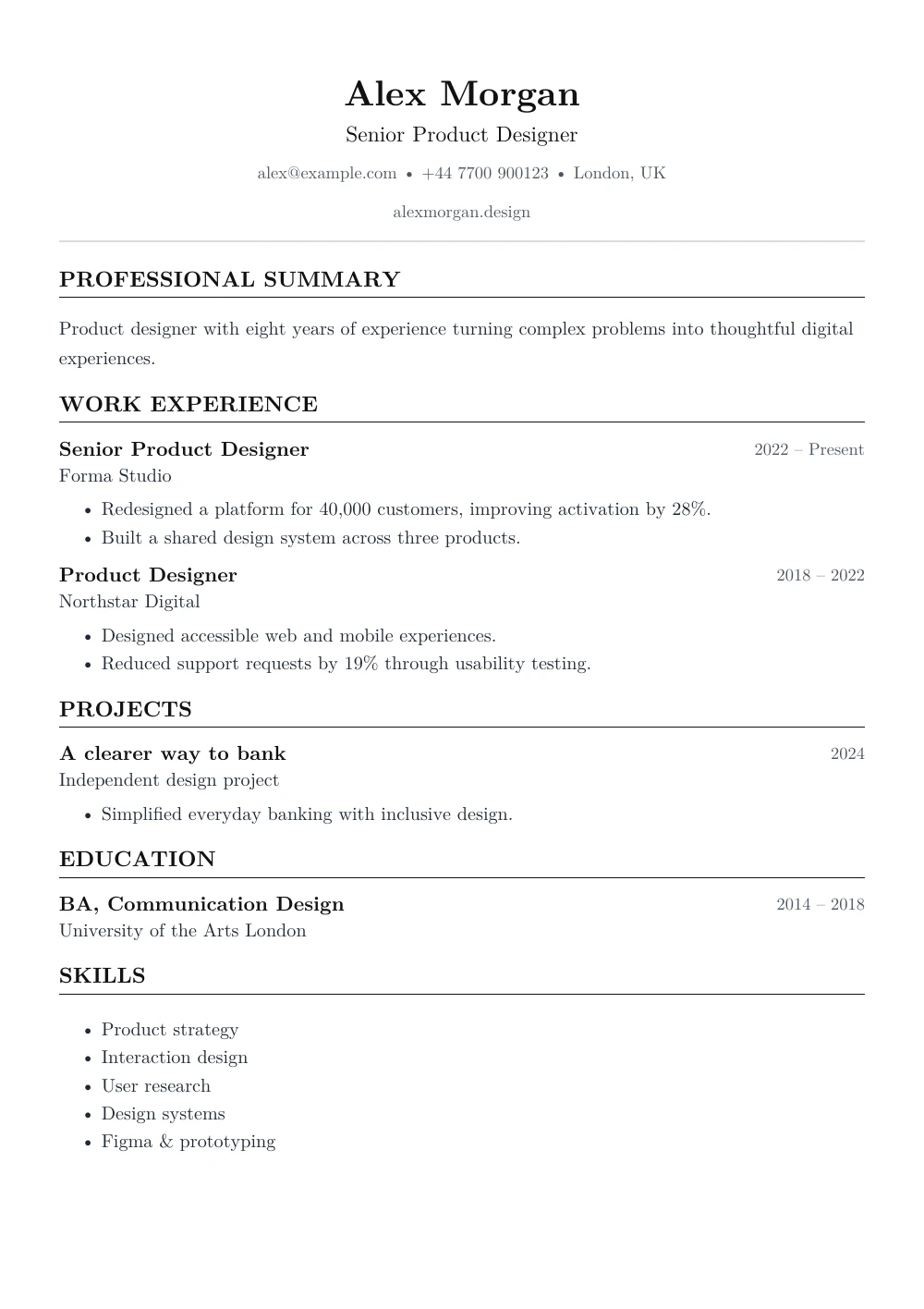 Academic Serif CV template in classic monochrome, showing a fictional product designer’s experience.