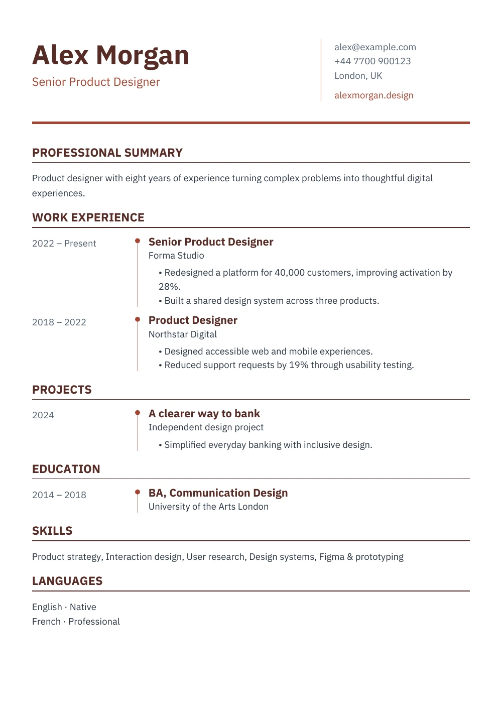 Ledger CV template in warm terracotta, showing a fictional product designer’s experience.