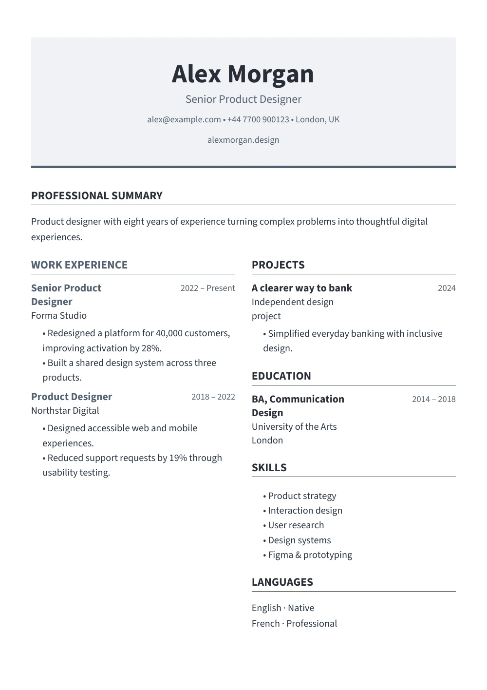 Mosaic Graphite CV template in cool grey, showing a fictional product designer’s experience.