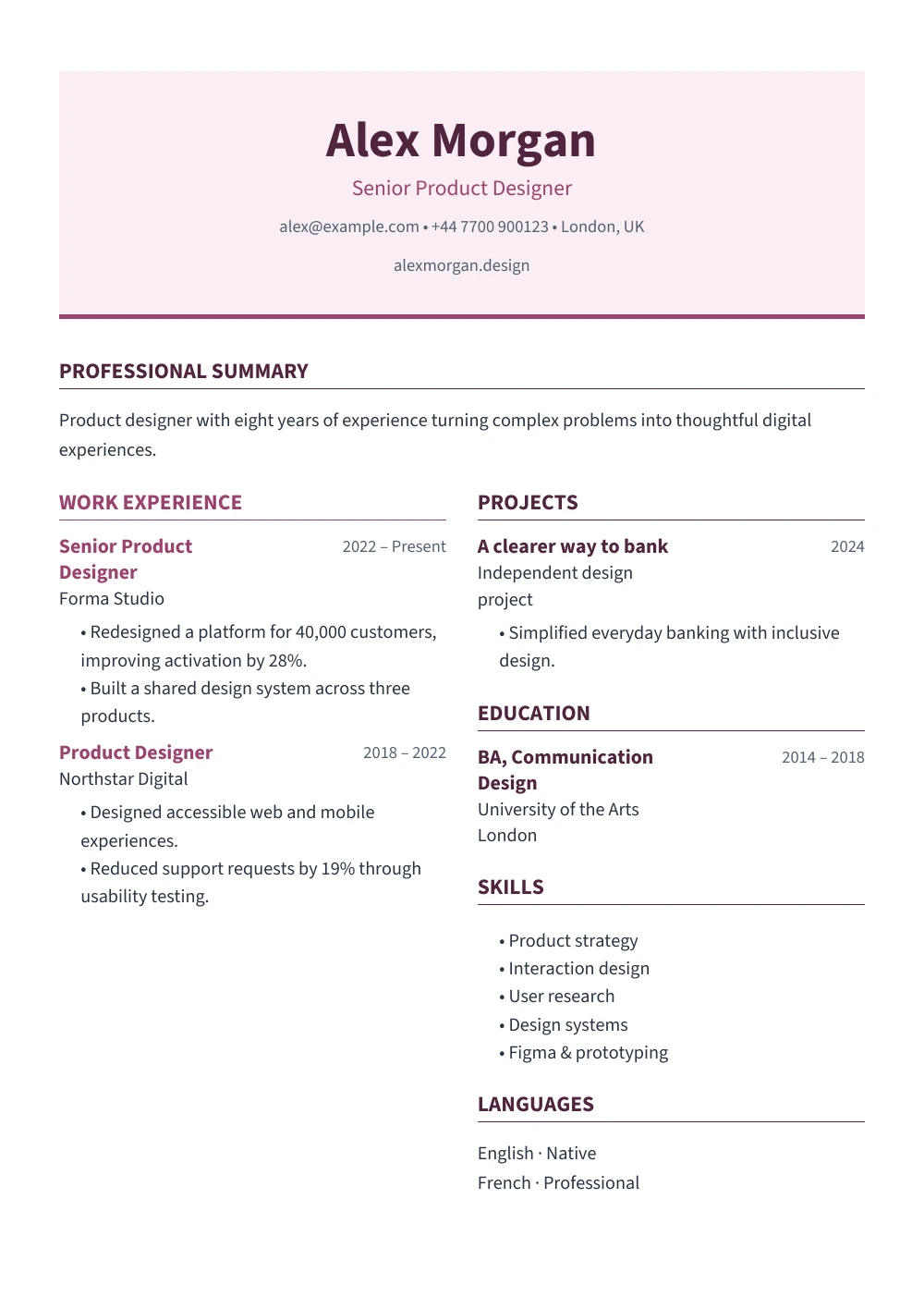 Mosaic Rose CV template in soft rose, showing a fictional product designer’s experience.