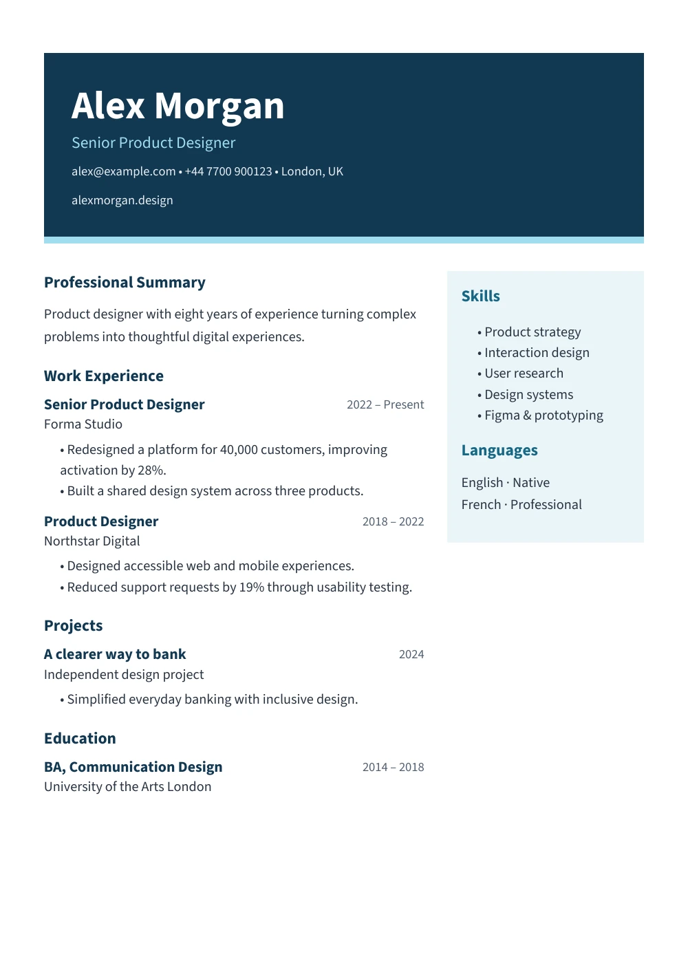 Studio Ocean CV template in ocean blue, showing a fictional product designer’s experience.