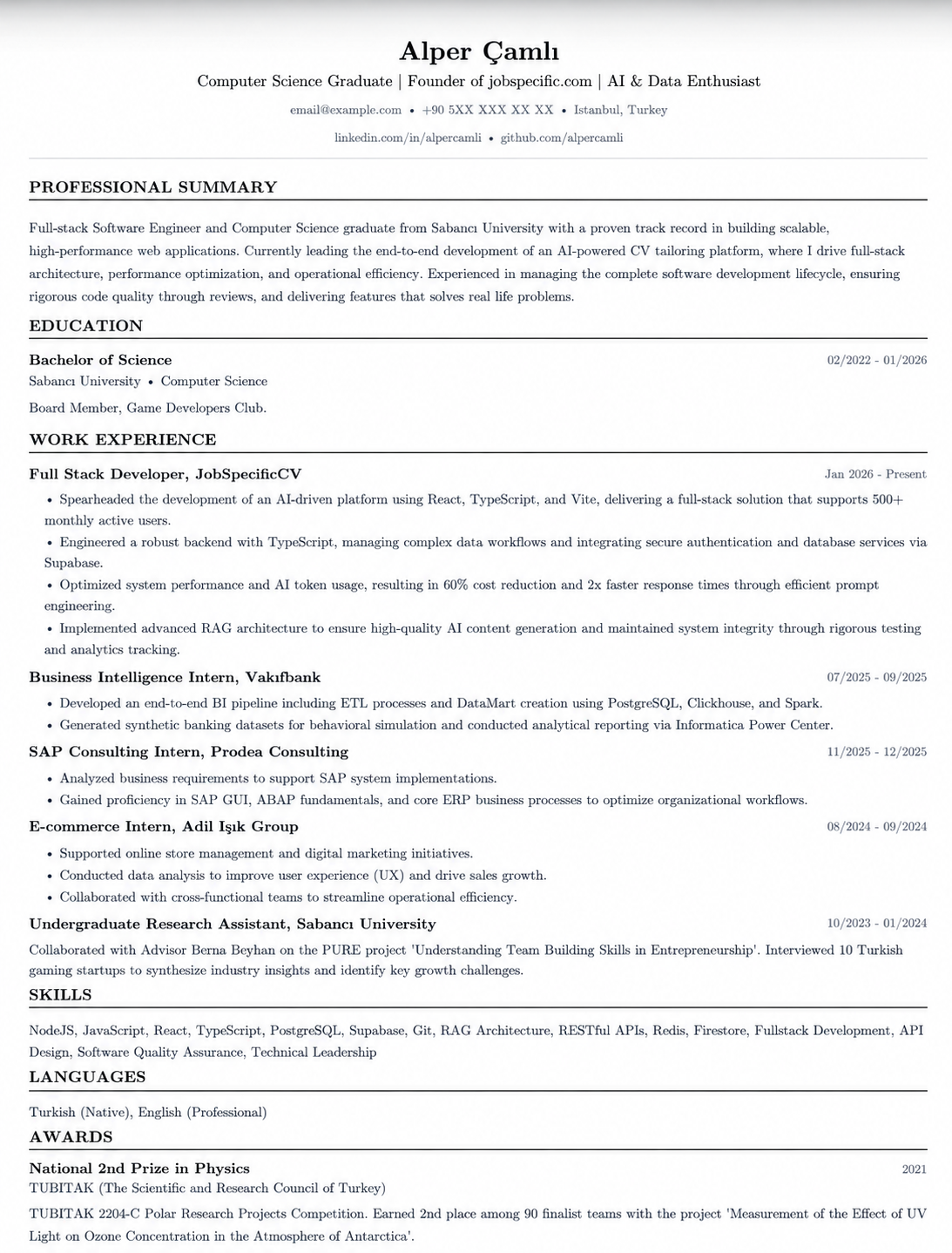 Example of an ATS-friendly CV: a single column with standard section headings — Professional Summary, Education, Work Experience, Skills — plain-text contact details and consistent dates