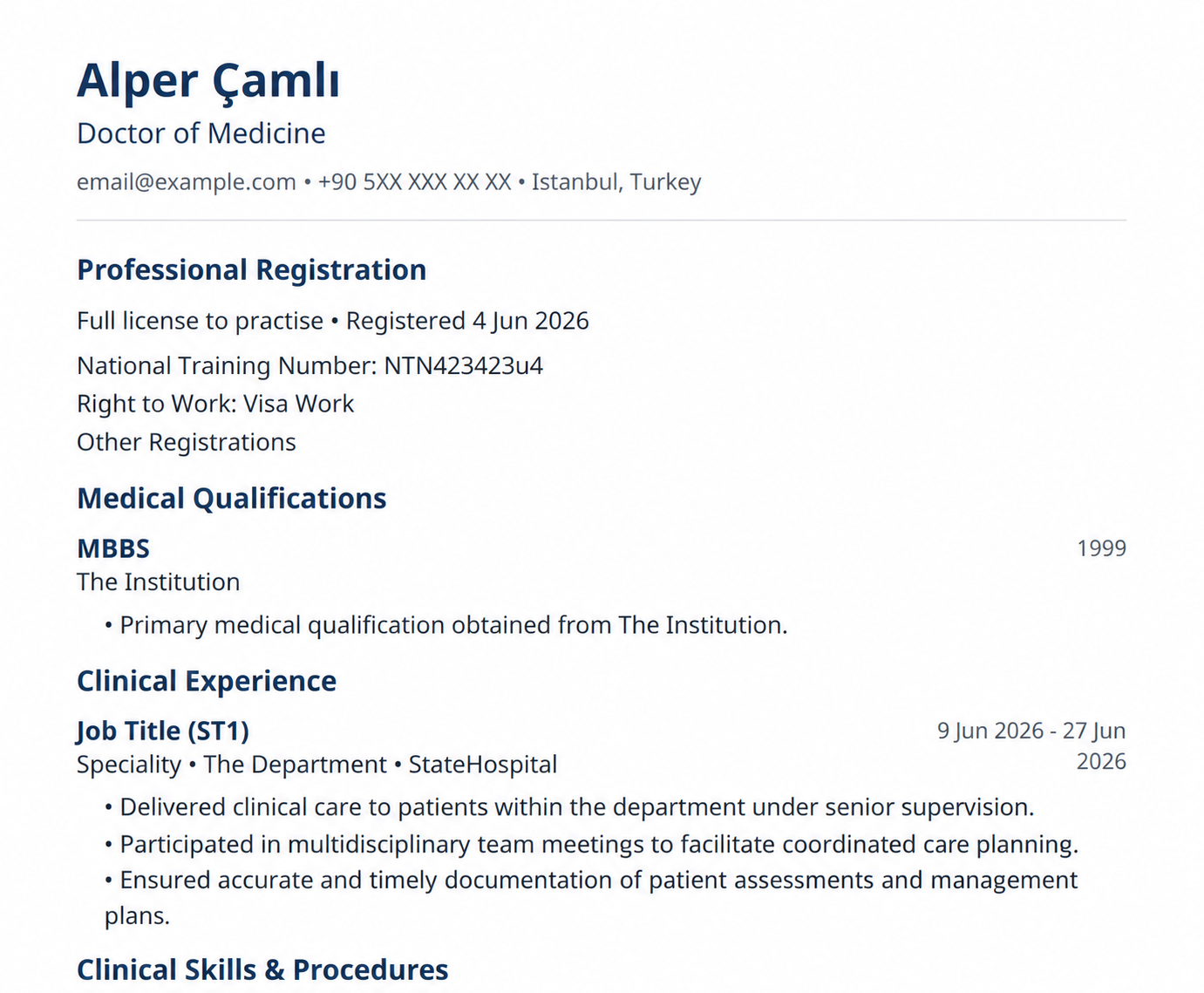 Top of an NHS medical CV showing professional registration with licence to practise, national training number, right-to-work status, medical qualifications, and a clinical experience entry